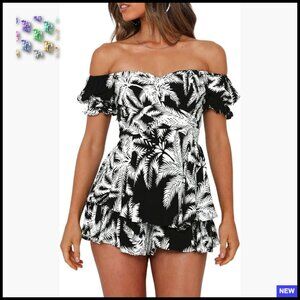Boho Floral Romper Off Shoulder Ruffle Chiffon Jumpsuit Summer Playsuit